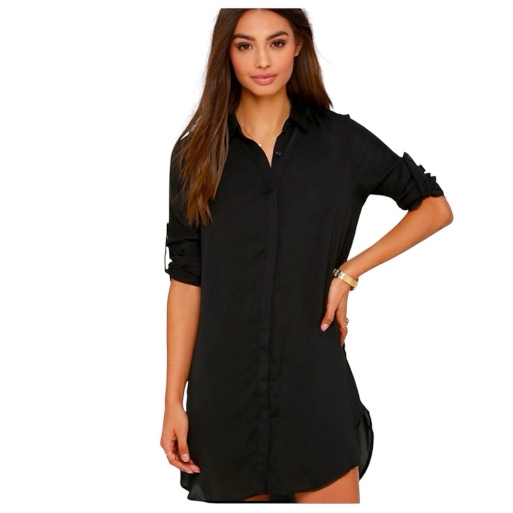 Lulus Black Tunic Shirt Dress with Pockets Casual Monochromatic Minimalist